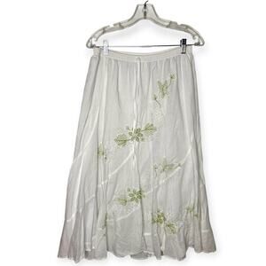 Vintage cotton midi skirt elasticated waist and green embroidered vines size L